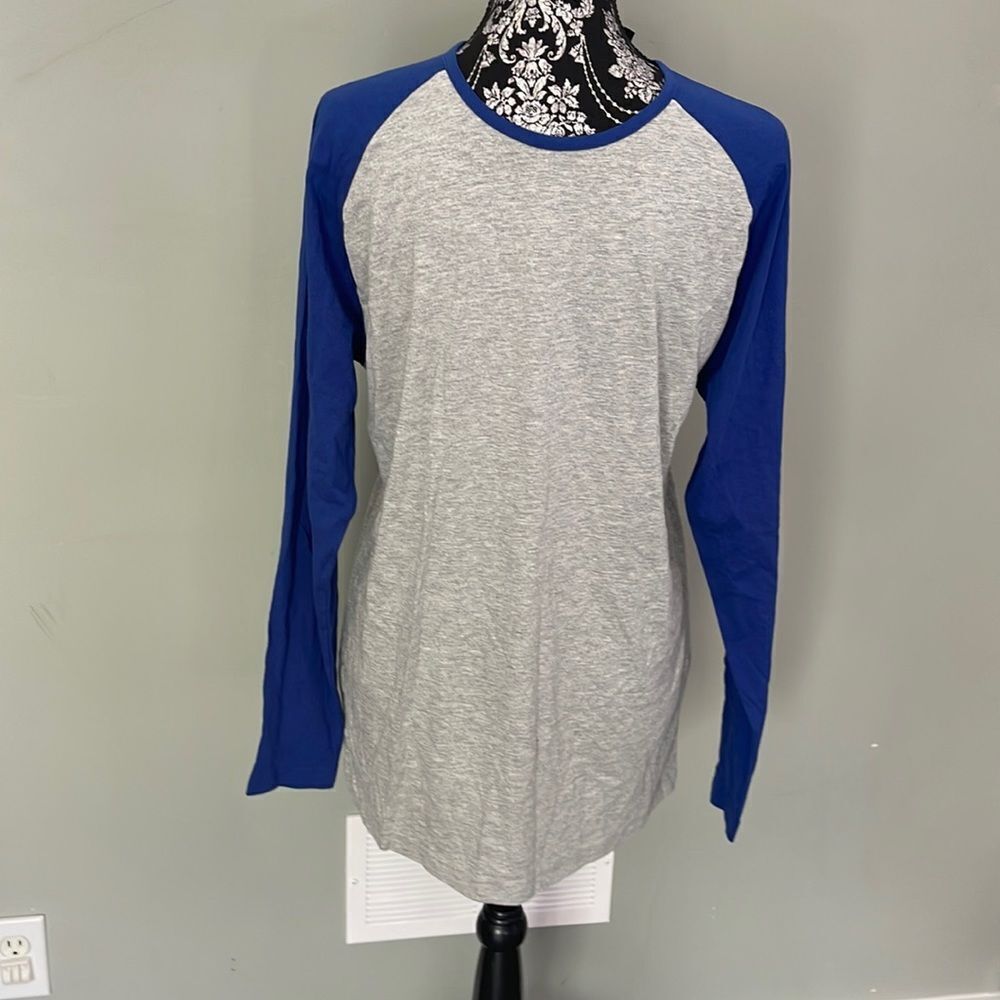 💛 Mens szM Longsleeve Lounge Cotton NEW Heathered Gray With Blue Sleeves